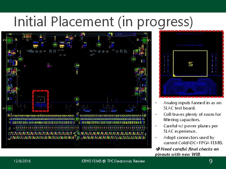 Initial Placement (in progress) Analog inputs fanned in as on SLAC test board. •