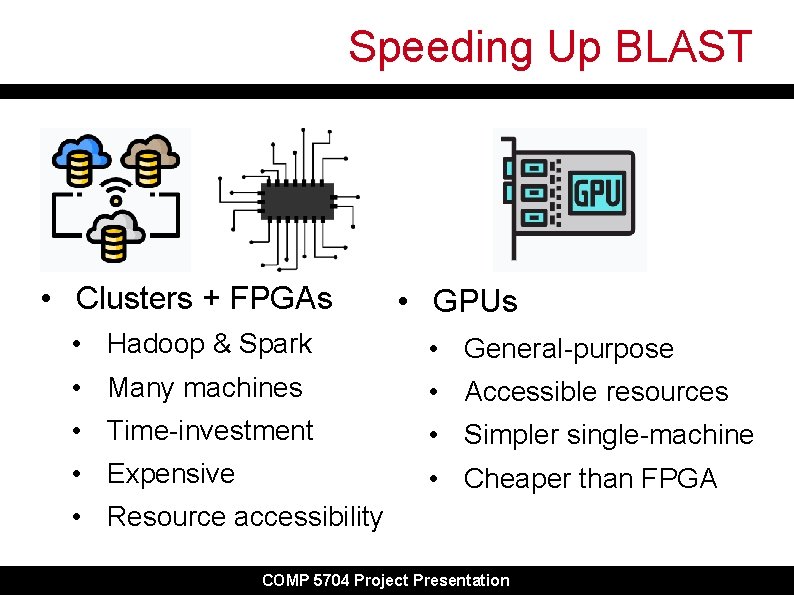 Speeding Up BLAST • Clusters + FPGAs • GPUs • Hadoop & Spark • Speeding Up BLAST • Clusters + FPGAs • GPUs • Hadoop & Spark •