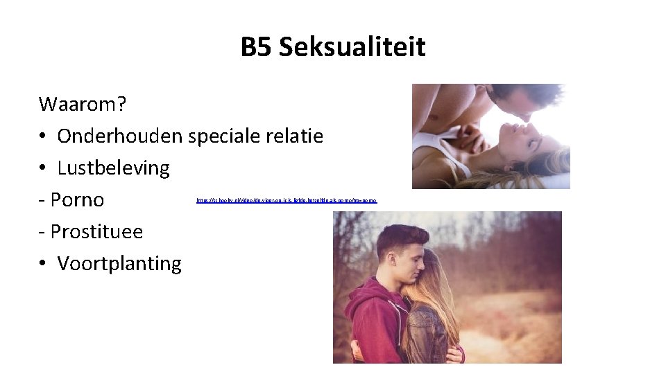 B 5 Seksualiteit Waarom? • Onderhouden speciale relatie • Lustbeleving - Porno - Prostituee