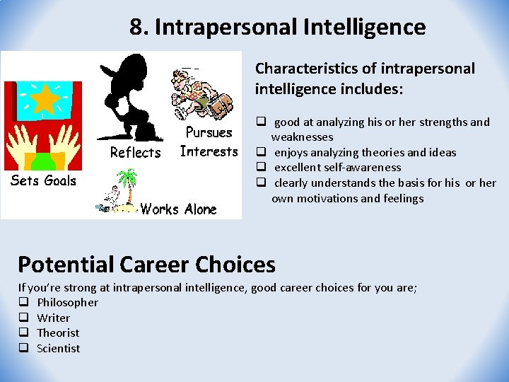 8. Intrapersonal Intelligence Characteristics of intrapersonal intelligence includes: q good at analyzing his or