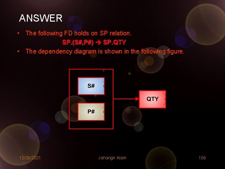 ANSWER • The following FD holds on SP relation. SP. (S#, P#) SP. QTY ANSWER • The following FD holds on SP relation. SP. (S#, P#) SP. QTY