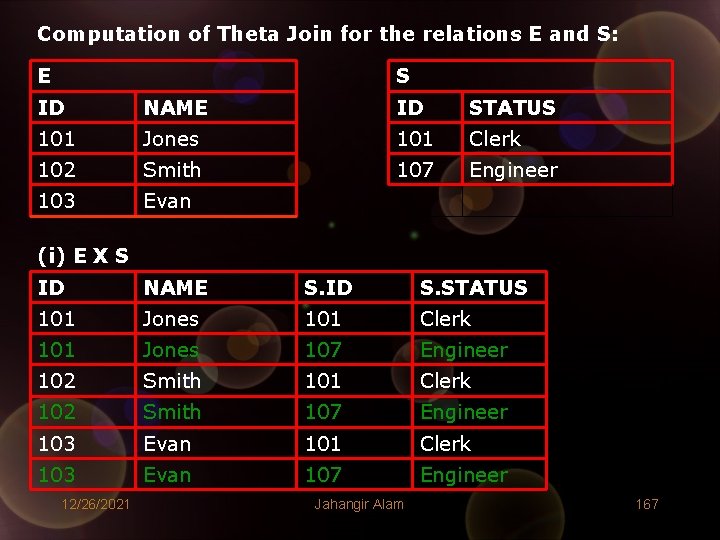 Computation of Theta Join for the relations E and S: E S ID NAME Computation of Theta Join for the relations E and S: E S ID NAME