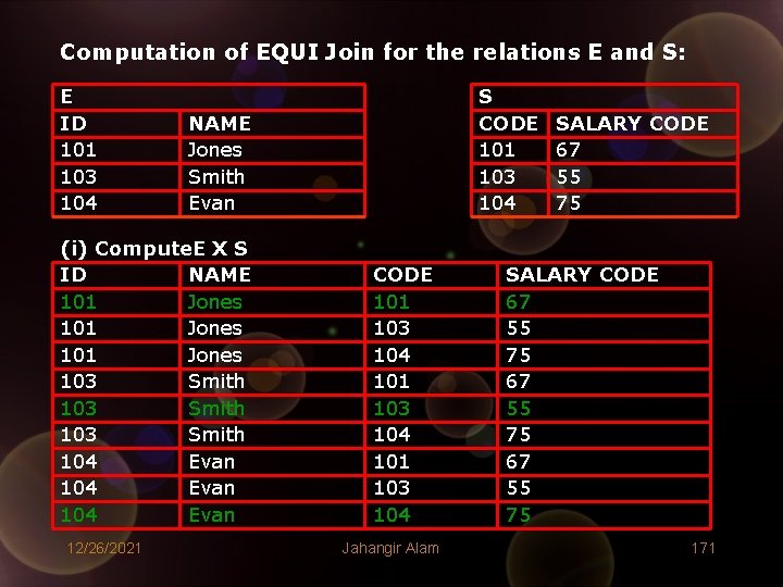 Computation of EQUI Join for the relations E and S: E ID 101 103 Computation of EQUI Join for the relations E and S: E ID 101 103