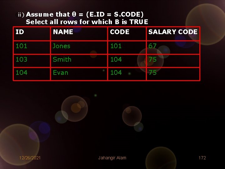 (ii) Assume that θ = (E. ID = S. CODE) Select all rows for (ii) Assume that θ = (E. ID = S. CODE) Select all rows for