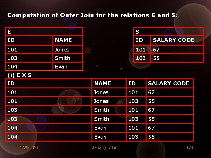 Computation of Outer Join for the relations E and S: E S ID NAME Computation of Outer Join for the relations E and S: E S ID NAME