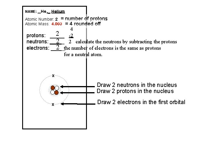 NAME: _ He , _ Helium Atomic Number: 2 = Atomic Mass: 4. 003