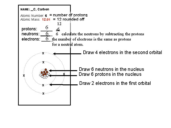 NAME: _ C, Carbon Atomic Number: 6 = Atomic Mass: 12. 01 number of