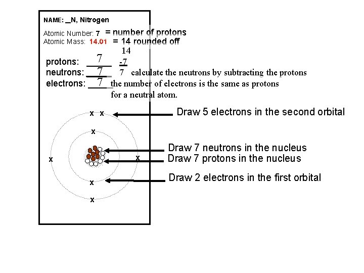 NAME: _ N, Nitrogen Atomic Number: 7 = Atomic Mass: 14. 01 number of