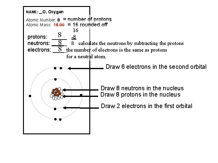 NAME: _ O, Oxygen Atomic Number: 8 = Atomic Mass: 16. 00 number of