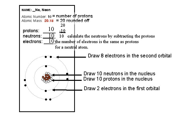 NAME: _ Ne, Neon Atomic Number: 10 = Atomic Mass: 20. 18 number of