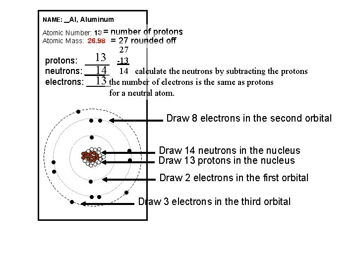 NAME: _ Al, Aluminum Atomic Number: 13 = Atomic Mass: 26. 98 number of