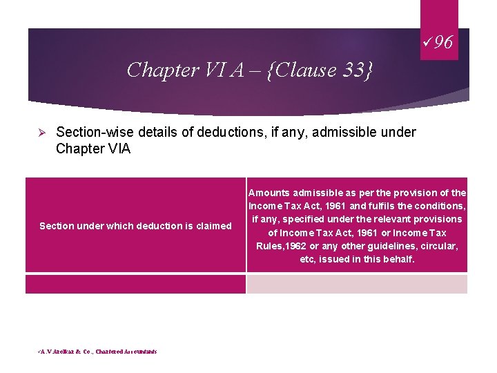 ü 96 Chapter VI A – {Clause 33} Ø Section-wise details of deductions, if
