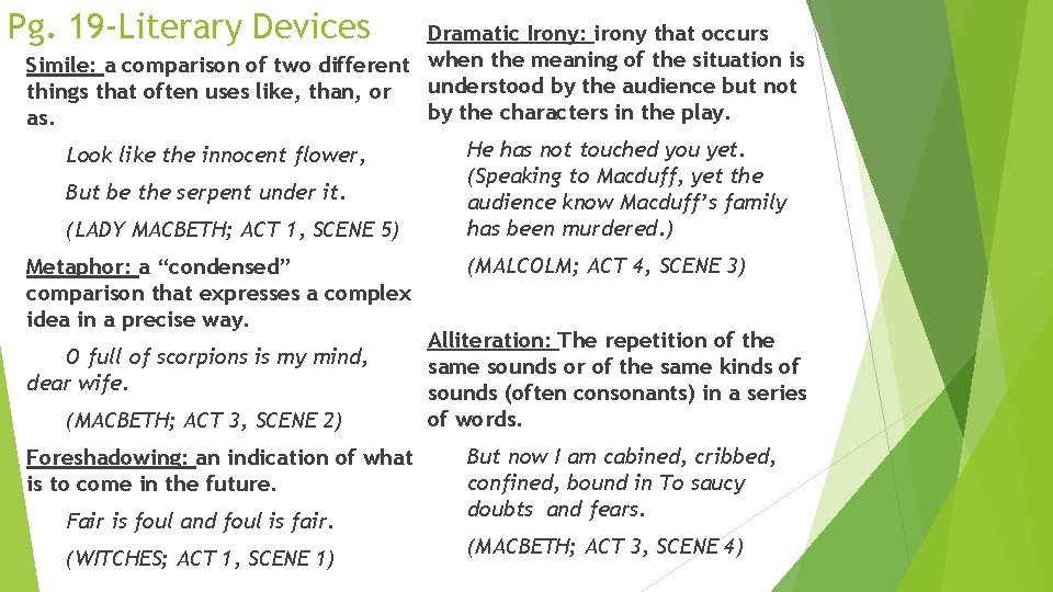 Pg. 19 -Literary Devices Dramatic Irony: irony that occurs Simile: a comparison of two