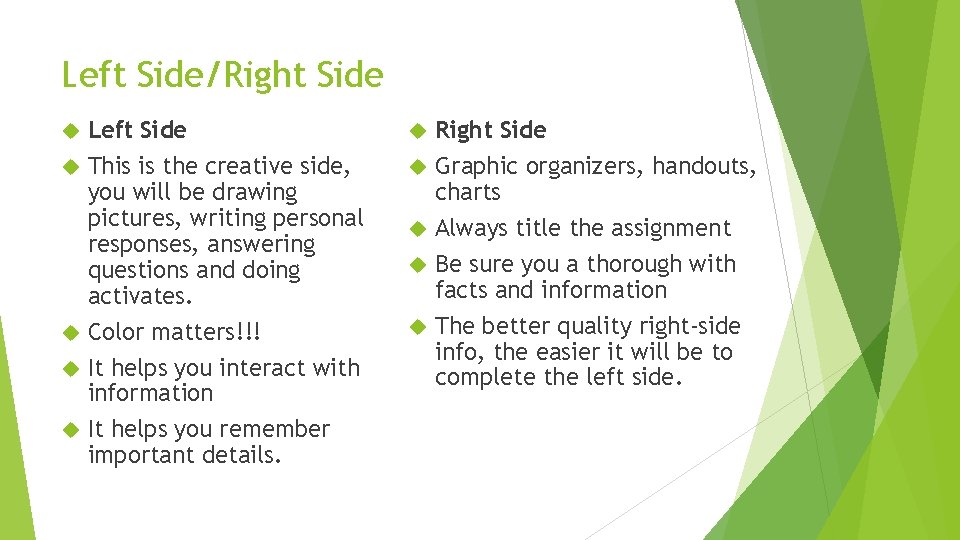 Left Side/Right Side Left Side This is the creative side, you will be drawing