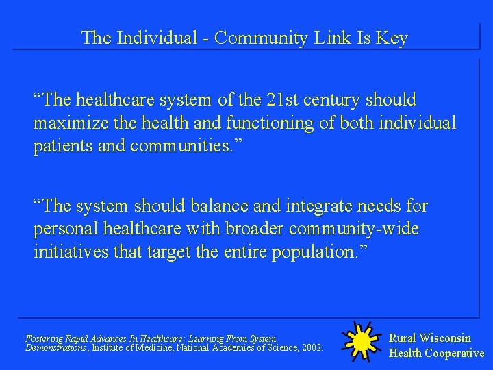 The Individual - Community Link Is Key “The healthcare system of the 21 st