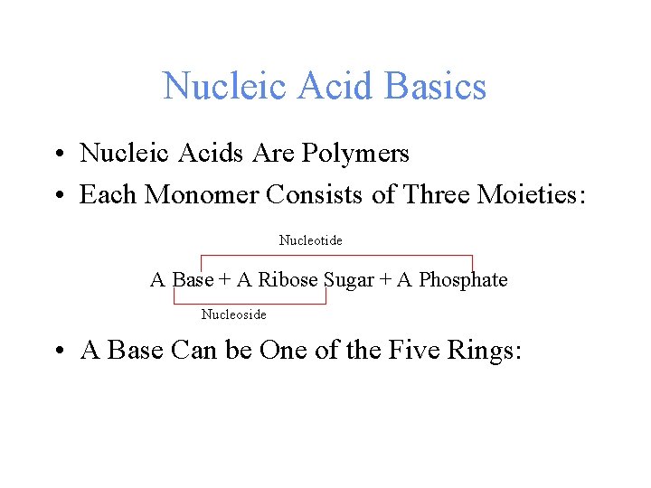 Nucleic Acid Basics • Nucleic Acids Are Polymers • Each Monomer Consists of Three