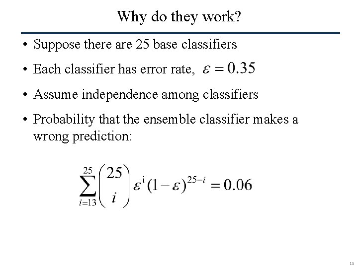 Why do they work? • Suppose there are 25 base classifiers • Each classifier