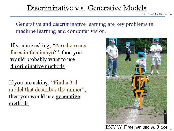 Discriminative v. s. Generative Models 1 st SU-VLPR’ 09, Beijing Generative and discriminative learning