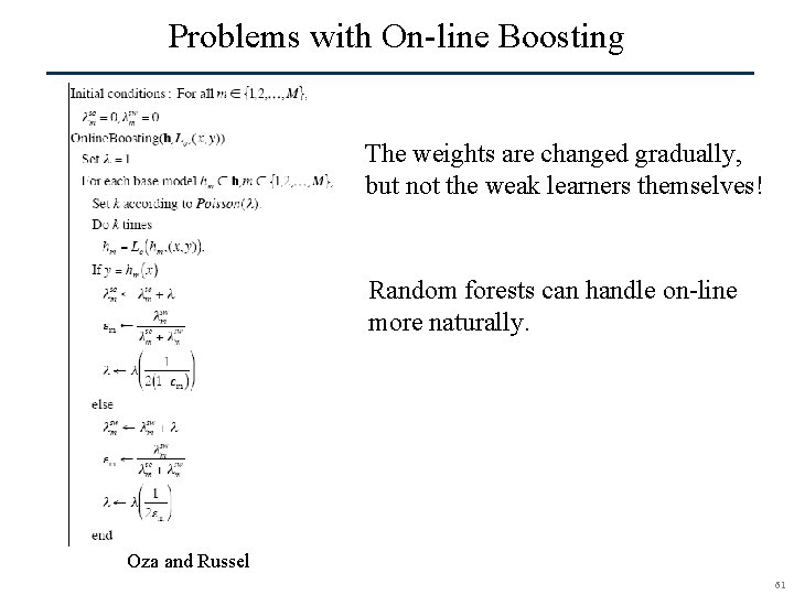 Problems with On-line Boosting The weights are changed gradually, but not the weak learners