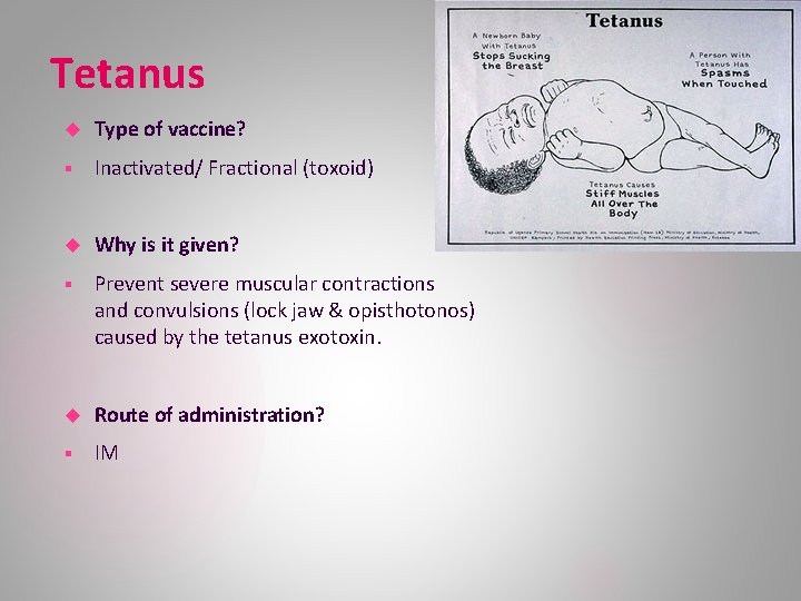 Tetanus Type of vaccine? § Inactivated/ Fractional (toxoid) Why is it given? § Prevent