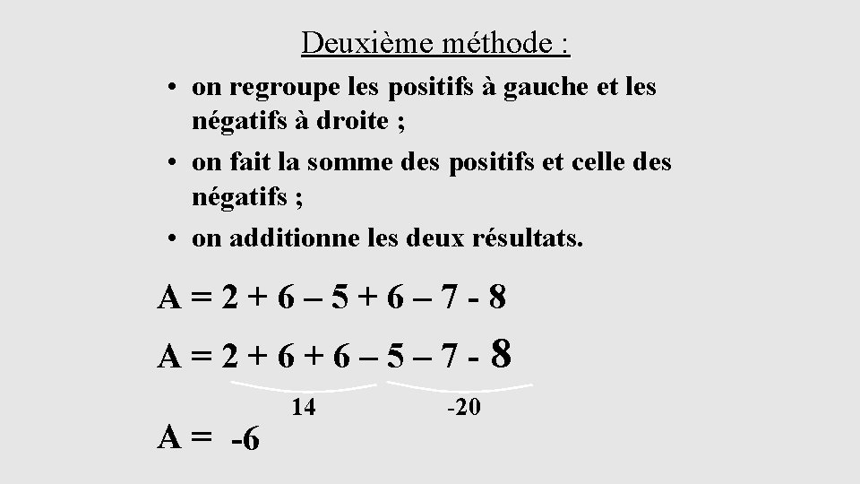 Deuxième méthode : • on regroupe les positifs à gauche et les négatifs à