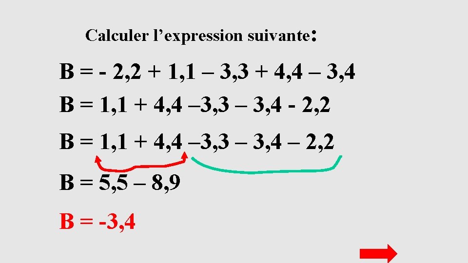 Calculer l’expression suivante: B = - 2, 2 + 1, 1 – 3, 3