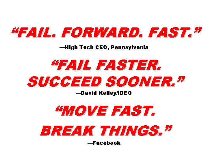 “FAIL. FORWARD. FAST. ” —High Tech CEO, Pennsylvania “FAIL FASTER. SUCCEED SOONER. ” —David