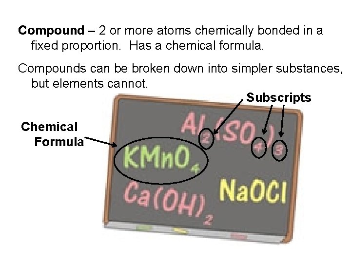 Compound – 2 or more atoms chemically bonded in a fixed proportion. Has a