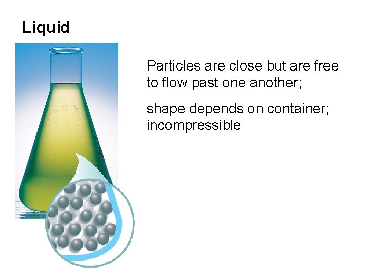 Liquid Particles are close but are free to flow past one another; shape depends