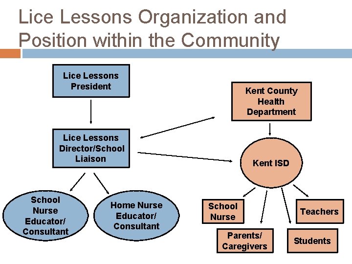 Lice Lessons Organization and Position within the Community Lice Lessons President Kent County Health