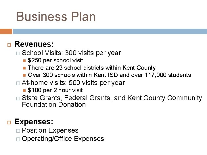 Business Plan Revenues: � School Visits: 300 visits per year $250 per school visit