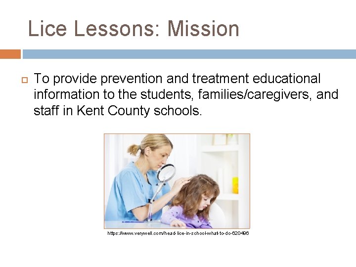 Lice Lessons: Mission To provide prevention and treatment educational information to the students, families/caregivers,