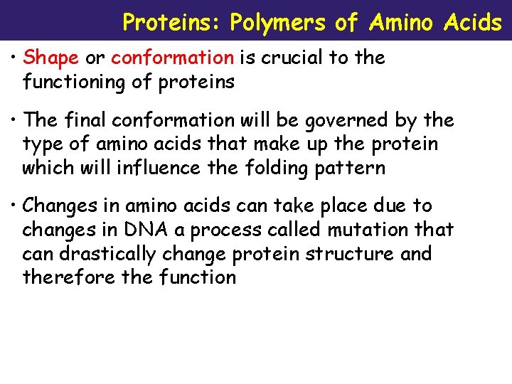 Proteins: Polymers of Amino Acids • Shape or conformation is crucial to the functioning