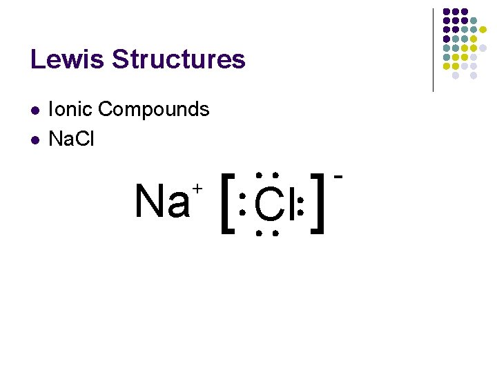 Lewis Structures l l Ionic Compounds Na. Cl Na + [ Cl ] -