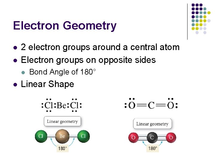 Electron Geometry l l 2 electron groups around a central atom Electron groups on
