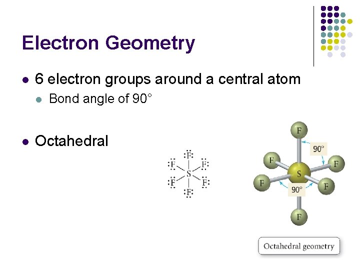 Electron Geometry l 6 electron groups around a central atom l l Bond angle