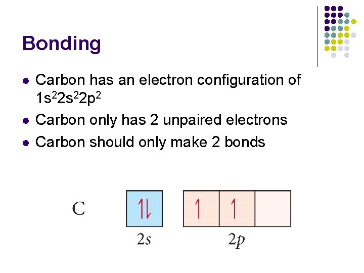 Bonding l l l Carbon has an electron configuration of 1 s 22 p