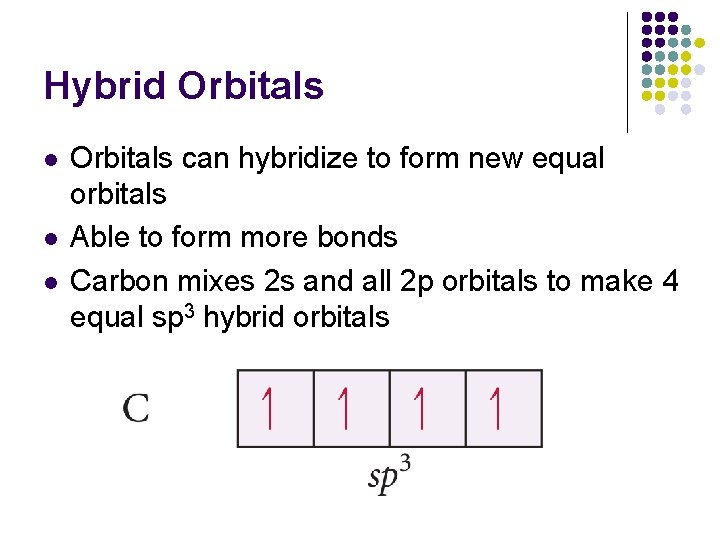 Hybrid Orbitals l l l Orbitals can hybridize to form new equal orbitals Able