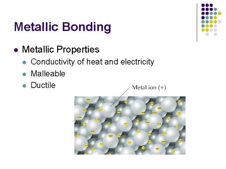 Metallic Bonding l Metallic Properties l l l Conductivity of heat and electricity Malleable