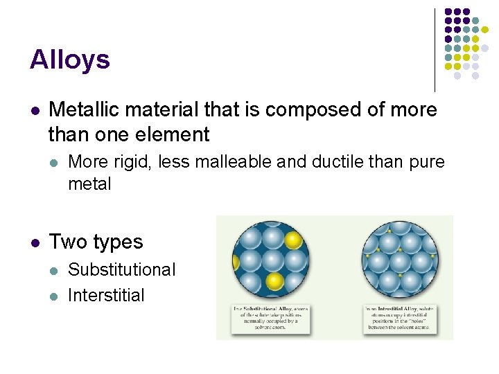 Alloys l Metallic material that is composed of more than one element l l