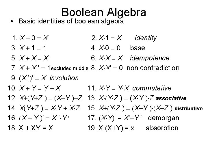 Boolean Algebra • Basic identities of boolean algebra 1. X + 0 = X