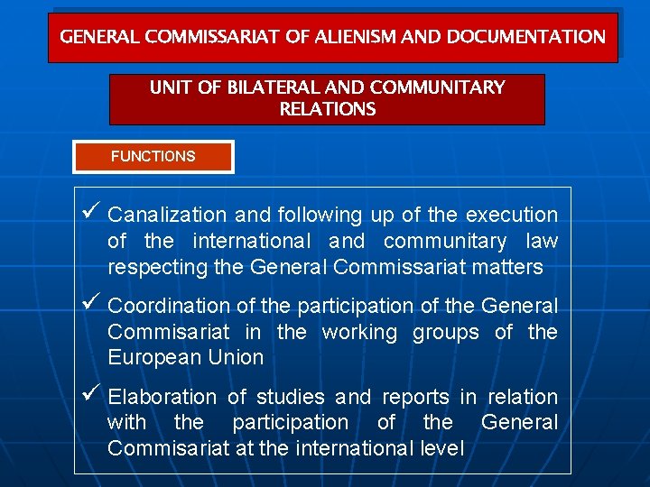 GENERAL COMMISSARIAT OF ALIENISM AND DOCUMENTATION UNIT OF BILATERAL AND COMMUNITARY RELATIONS FUNCTIONS ü