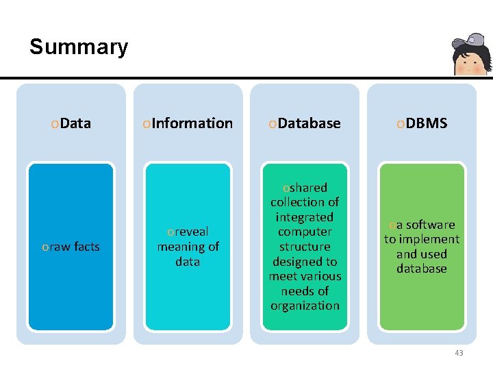 Summary o. Data oraw facts o. Information o. Database o. DBMS oreveal meaning of