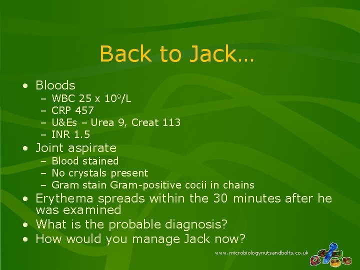 Back to Jack… • Bloods – – WBC 25 x 109/L CRP 457 U&Es