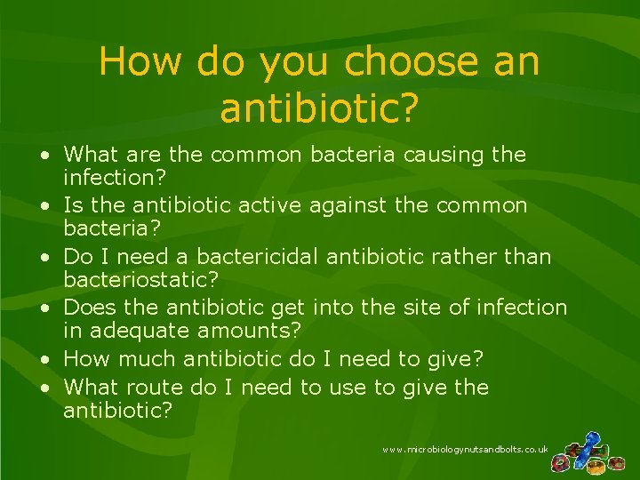 How do you choose an antibiotic? • What are the common bacteria causing the