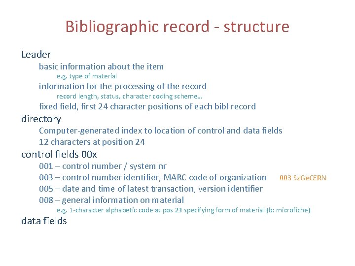 Bibliographic record - structure Leader basic information about the item e. g. type of