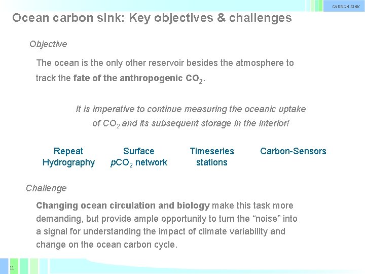 CARBON SINK Ocean carbon sink: Key objectives & challenges Objective The ocean is the