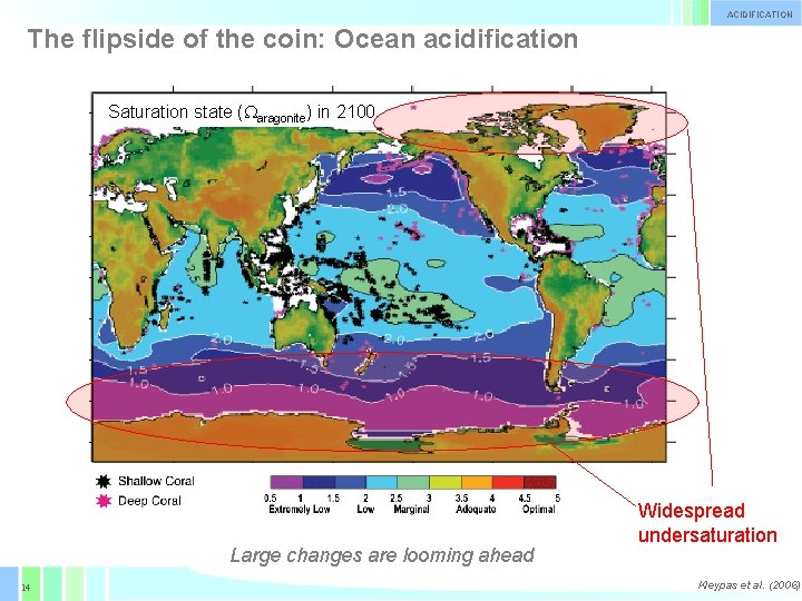 ACIDIFICATION The flipside of the coin: Ocean acidification Saturation state ( aragonite) in 2100