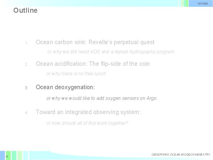 OUTLINE Outline 1. Ocean carbon sink: Revelle’s perpetual quest or why we still need