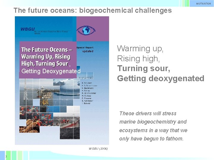 MOTIVATION The future oceans: biogeochemical challenges updated , Getting Deoxygenated Warming up, Rising high,